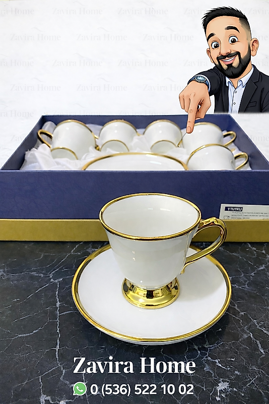Gold Detaylı Beyaz Porselen Kahve Fincan Takımı – 6 Kişilik
