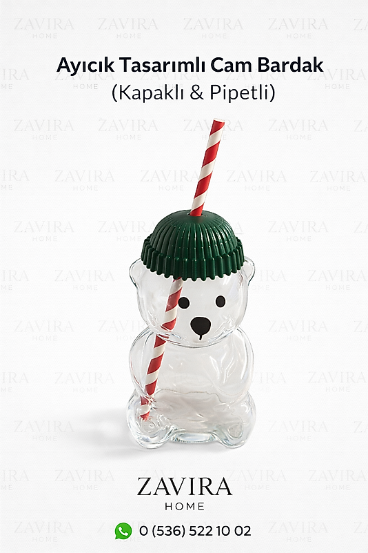 Ayıcık Tasarımlı Cam Bardak (Kapaklı & Pipetli)