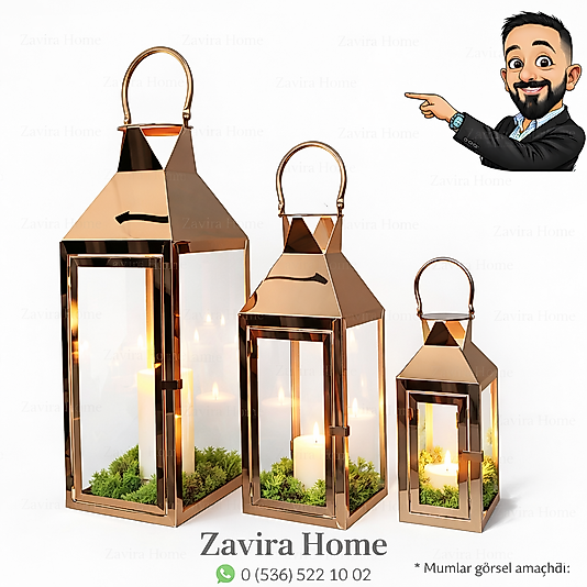Bakır Metal Dekoratif Fener Mumluk Seti – 3’lü