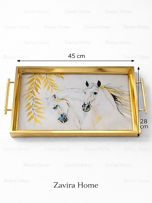 Gold Çerçeveli At Figürlü Dekoratif Tepsi (45x28 cm)