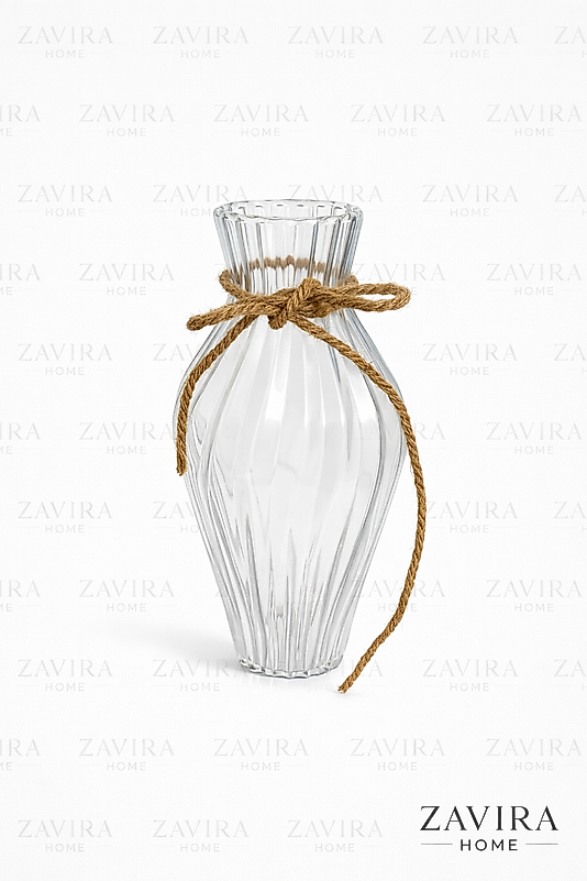 25 cm Çizgili Cam Vazo (Rustik İp Detaylı)