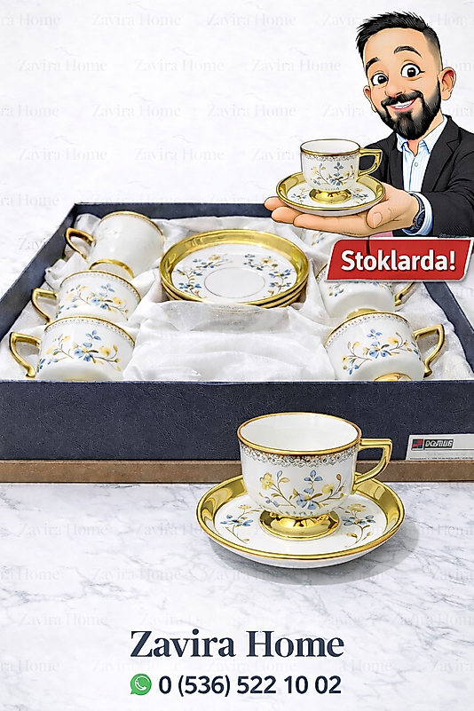 Gold Detaylı Porselen Kahve Fincan Takımı – 6 Kişilik