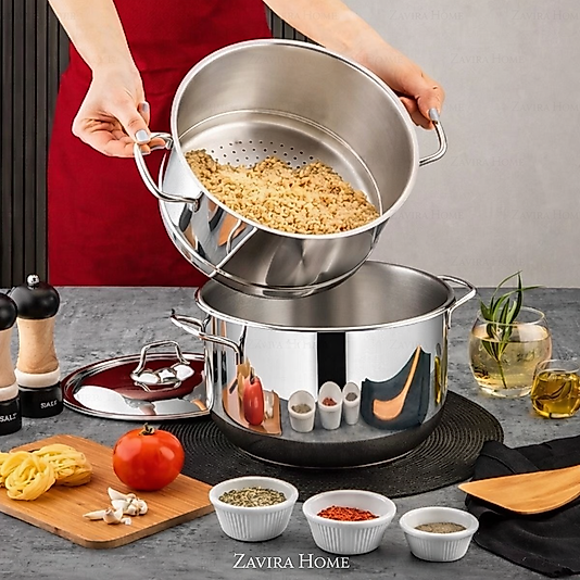 ROOZ LARA 24 cm Paslanmaz Çelik Cam Kapaklı Süzgeçli Kuskus Tenceresi